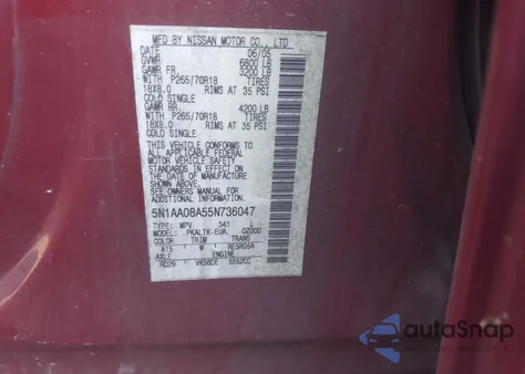 2005 Nissan Armada Se/Le из США, поврежденный, VIN 5N1AA08A55N736047